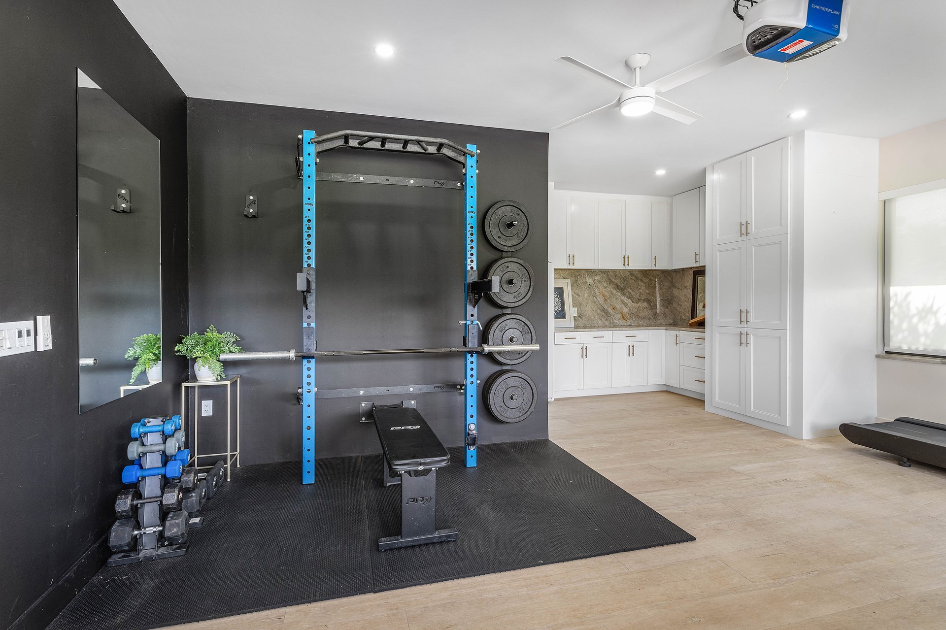 Private home gym with squat rack and free weights